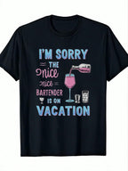 Funny Bartending Gift T-Shirt - I'm Sorry The Nice Bartender Is On Vacation Graphic Print, 100% Cotton Unisex Tee For Men & Women, Black Short Sleeve Casual Shirt With Vibrant Cocktail Design, Machine Washable, Funny Bartender Shirts, Humorous Clothing, P
