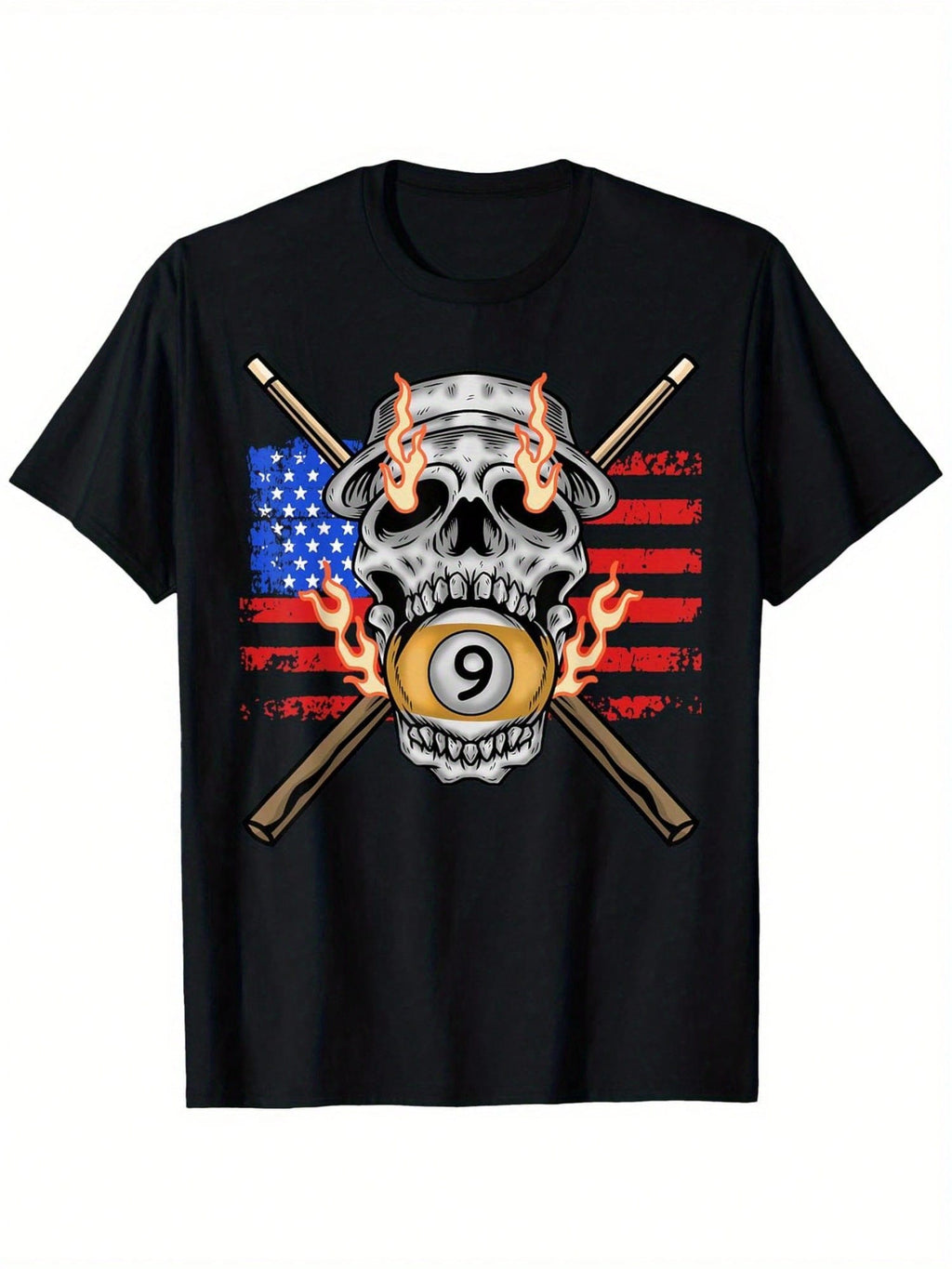 American Flag Skull & 9-Ball Billiards Graphic T-Shirt - 100% Cotton Unisex Casual Tee With Slight Stretch, Regular Fit Short Sleeve Shirt For Men & Women (S-XXXL),100% Pure Cotton Short Sleeved Shirt, Essential For Summer And Spring, Loose Casual Round N