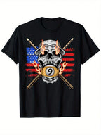 American Flag Skull & 9-Ball Billiards Graphic T-Shirt - 100% Cotton Unisex Casual Tee With Slight Stretch, Regular Fit Short Sleeve Shirt For Men & Women (S-XXXL),100% Pure Cotton Short Sleeved Shirt, Essential For Summer And Spring, Loose Casual Round N