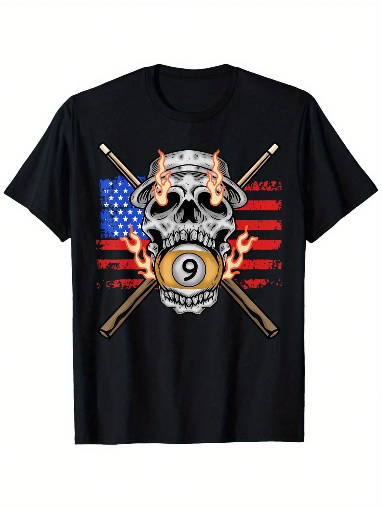 American Flag Skull & 9-Ball Billiards Graphic T-Shirt - 100% Cotton Unisex Casual Tee With Slight Stretch, Regular Fit Short Sleeve Shirt For Men & Women (S-XXXL),100% Pure Cotton Short Sleeved Shirt, Essential For Summer And Spring, Loose Casual Round N