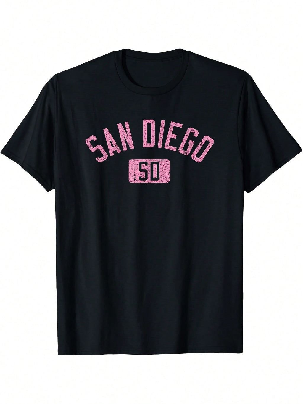 San Diego SD Arched Text Distressed Pink Print T-Shirt - Black Casual Short Sleeve Round Neck Tee, Durable Digital Heat Transfer Graphic, Machine Washable All-Season Comfort For Adults,100% Pure Cotton Short Sleeved Shirt, Essential For Summer And Spring,