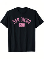 San Diego SD Arched Text Distressed Pink Print T-Shirt - Black Casual Short Sleeve Round Neck Tee, Durable Digital Heat Transfer Graphic, Machine Washable All-Season Comfort For Adults,100% Pure Cotton Short Sleeved Shirt, Essential For Summer And Spring,