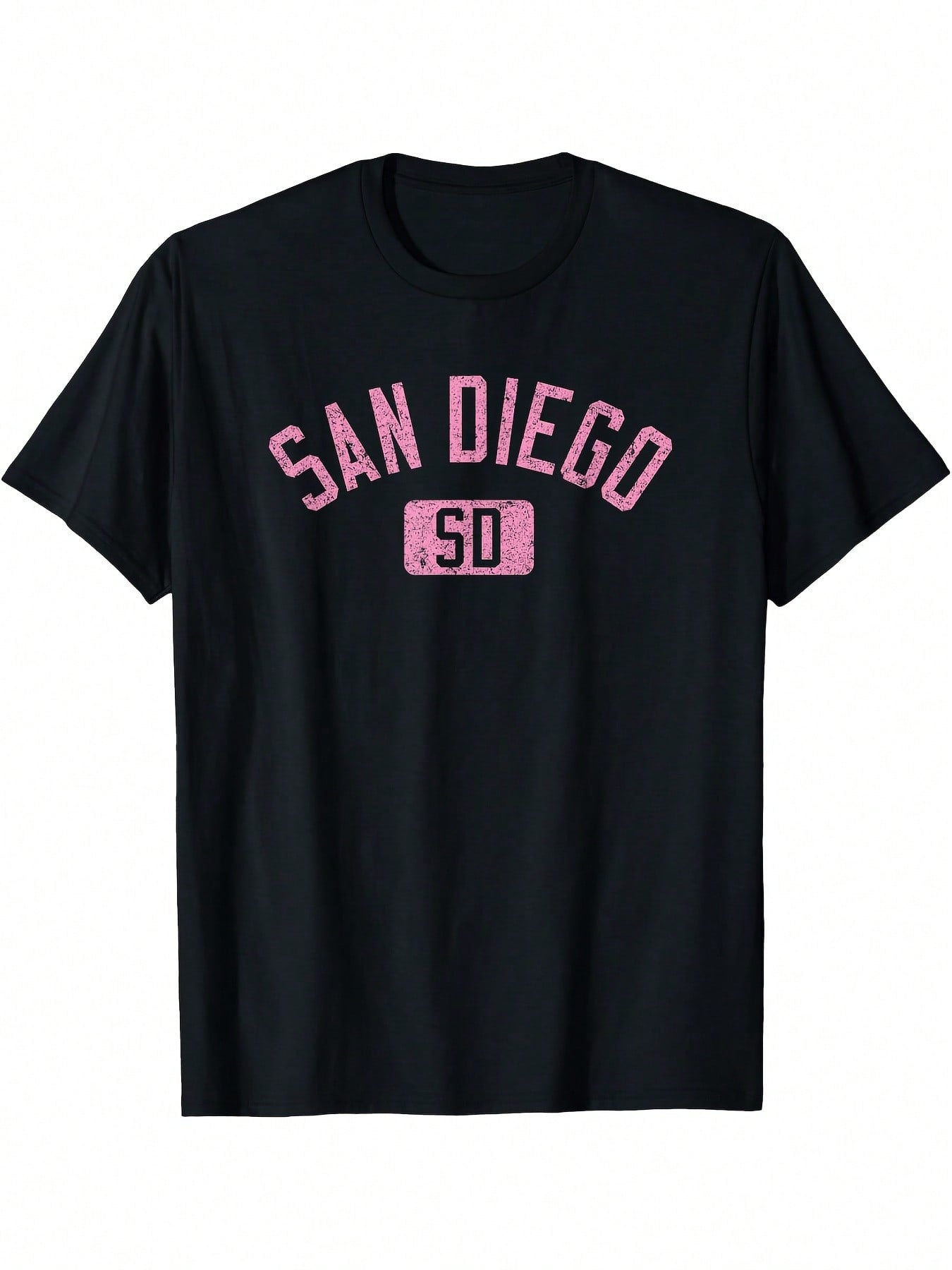 San Diego SD Arched Text Distressed Pink Print T-Shirt - Black Casual Short Sleeve Round Neck Tee, Durable Digital Heat Transfer Graphic, Machine Washable All-Season Comfort For Adults,100% Pure Cotton Short Sleeved Shirt, Essential For Summer And Spring,