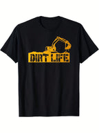 Men's Heavy Equipment Operator Dirt Life Construction Worker T-Shirt - 100% Cotton Black Tee With Yellow Excavator & Bulldozer Graphic, Bold Dirt Life Lettering, Soft Breathable Lightweight Fabric, Regular Fit Crew Neck, Sizes S-XXXL, Ideal Construction W