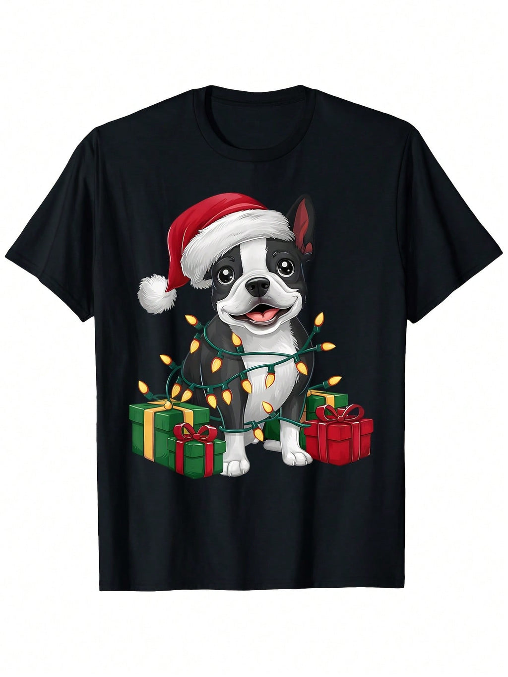 Xmas Lighting Santa Hat Boston Terrier Dog Christmas T-Shirt, Unisex Cotton Casual Round Neck Outdoor Short Sleeve T-Shirt With Slight Stretch, Slightly Elastic, 100%Cotton, S-XXXL Gift, Unisex, Hot Selling Items, Soft, Breathable, Lightweight - Crew Neck