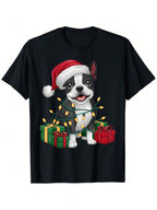 Xmas Lighting Santa Hat Boston Terrier Dog Christmas T-Shirt, Unisex Cotton Casual Round Neck Outdoor Short Sleeve T-Shirt With Slight Stretch, Slightly Elastic, 100%Cotton, S-XXXL Gift, Unisex, Hot Selling Items, Soft, Breathable, Lightweight - Crew Neck