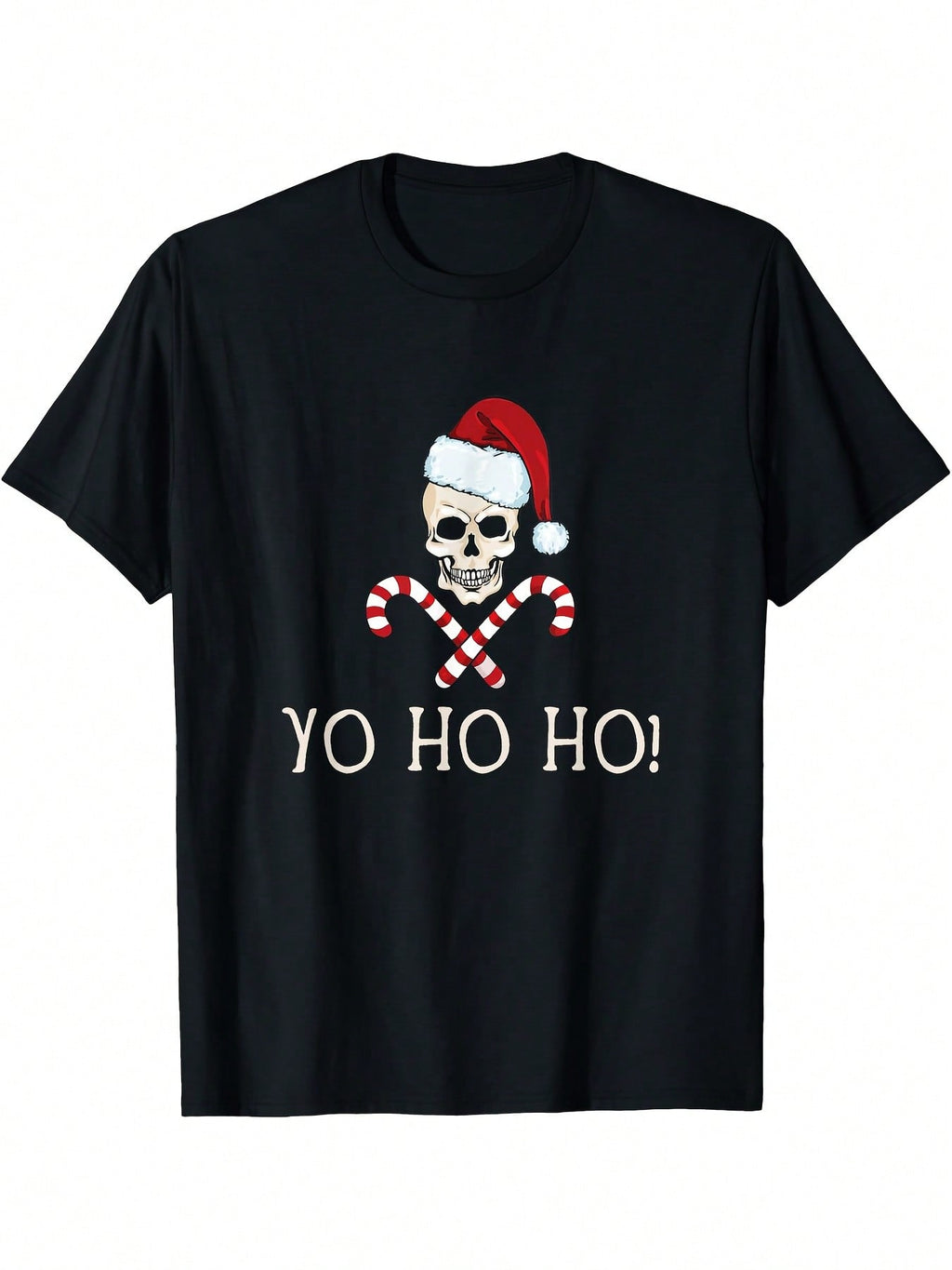 Funny Santa Pirate Christmas T-Shirt - Yo Ho Ho Pirate Santa With Candy Canes & Skull Design - Adult Novelty Xmas Gift, Casual Short Sleeve Round Neck Tee For Men & Women (Machine Washable)