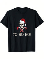 Funny Santa Pirate Christmas T-Shirt - Yo Ho Ho Pirate Santa With Candy Canes & Skull Design - Adult Novelty Xmas Gift, Casual Short Sleeve Round Neck Tee For Men & Women (Machine Washable)