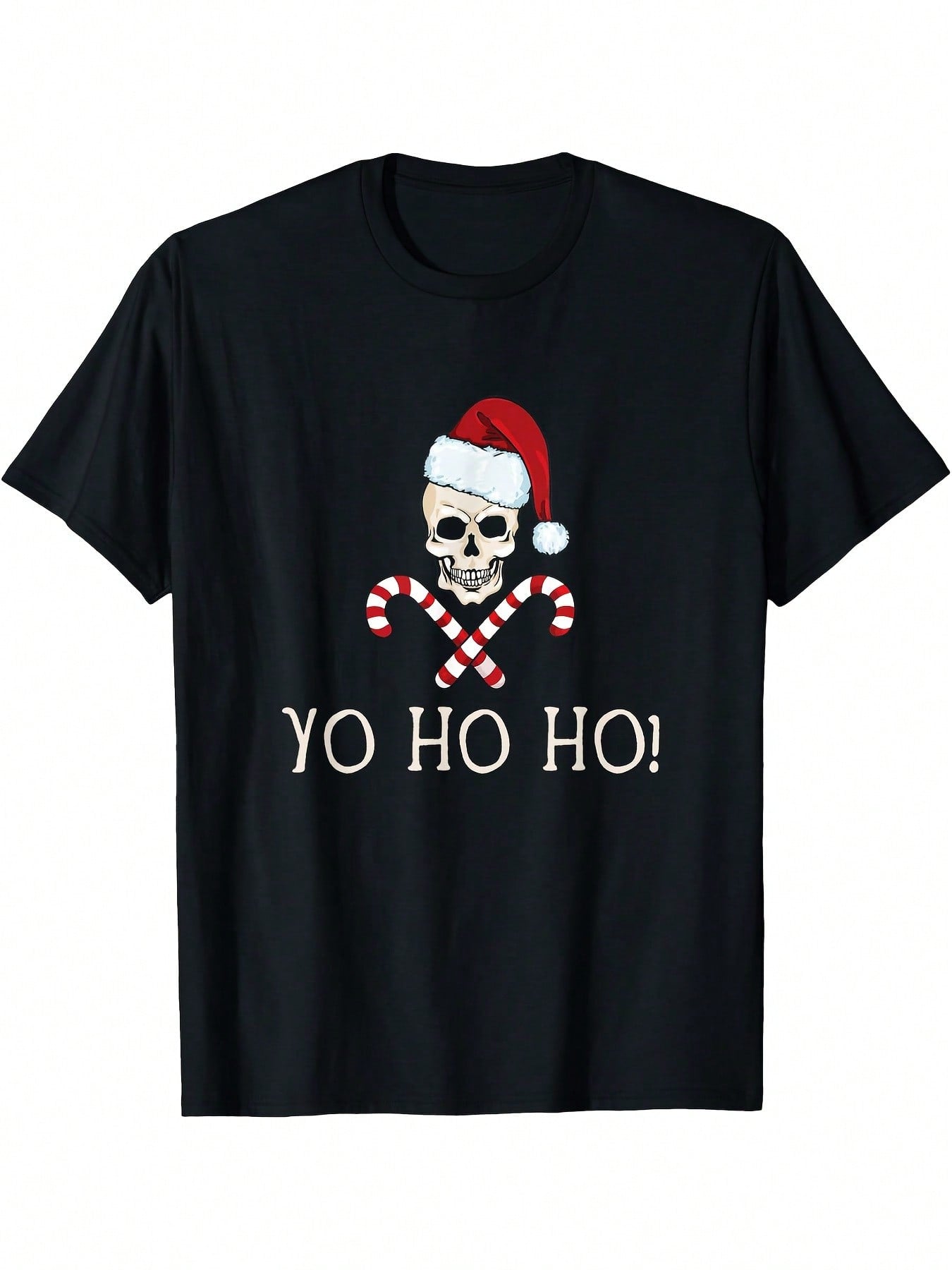 Funny Santa Pirate Christmas T-Shirt - Yo Ho Ho Pirate Santa With Candy Canes & Skull Design - Adult Novelty Xmas Gift, Casual Short Sleeve Round Neck Tee For Men & Women (Machine Washable)