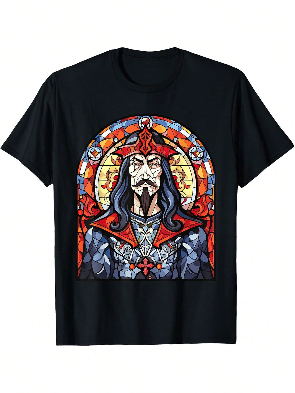 Vlad The Impaler Stained Glass Graphic T-Shirt - Black With Vibrant Stained Glass Print, Casual Crew Neck Short Sleeve Tee For Adults, All-Season Comfort, Comfortable Clothing  Gothic Style Shirt  Durable Print Shirt