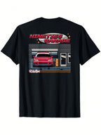 Nineties Garage Car 2-Side Graphic T-Shirt - Retro Red Sports Car & Brick Wall Design, Casual Round Neck Tee For Adults, All-Season Comfort, Garage Car Decor