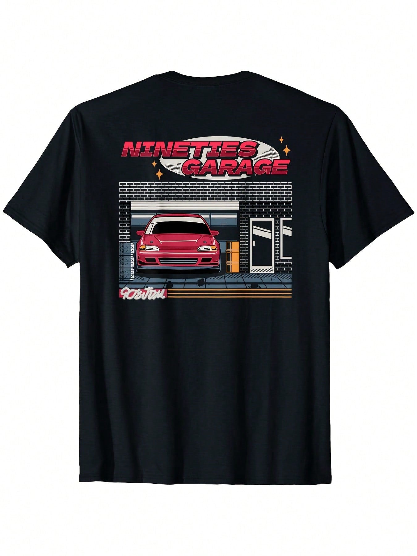 Nineties Garage Car 2-Side Graphic T-Shirt - Retro Red Sports Car & Brick Wall Design, Casual Round Neck Tee For Adults, All-Season Comfort, Garage Car Decor