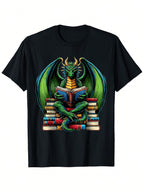Men's & Women's Graphic Tee - Green & Blue Dragon Reading Books Design - Black Casual Shirt For Book Lovers & Fantasy Fans - Machine Washable Apparel, Everyday Outfit, Unique Artwork, Highquality Print, Bookthemed Clothing