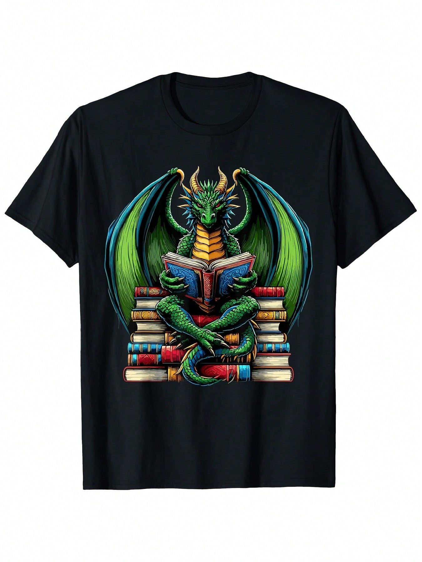 Men's & Women's Graphic Tee - Green & Blue Dragon Reading Books Design - Black Casual Shirt For Book Lovers & Fantasy Fans - Machine Washable Apparel, Everyday Outfit, Unique Artwork, Highquality Print, Bookthemed Clothing