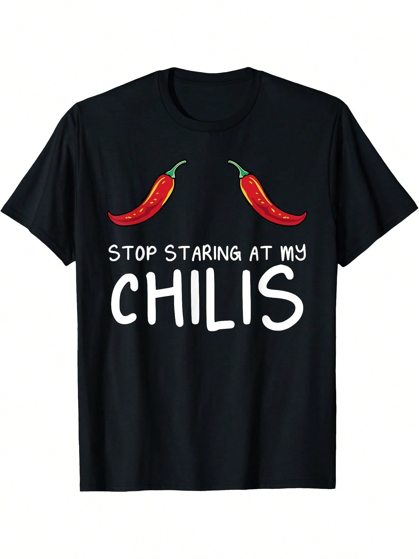 Funny Chili Pepper Graphic Tee - Stop Staring At My Chilis Saying - Black Shirt With Red Peppers - Regular Fit Short Sleeve T-Shirt For Spicy Food Lovers, Funny Gifts For Chefs & Chiliheads - Machine Washable Casual Casual Attire, Humorous Apparel, Playfu