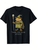 Funny Wizard Frog Witch T-Shirt - Twas The 'Tism M'Lord Medieval Fantasy Graphic Tee - Black Shirt With Wizard Frog Design - Adult Novelty Costume Party Apparel - Machine Washable Digital Print Casual Top, Humorous Clothing, Durable Print Quality