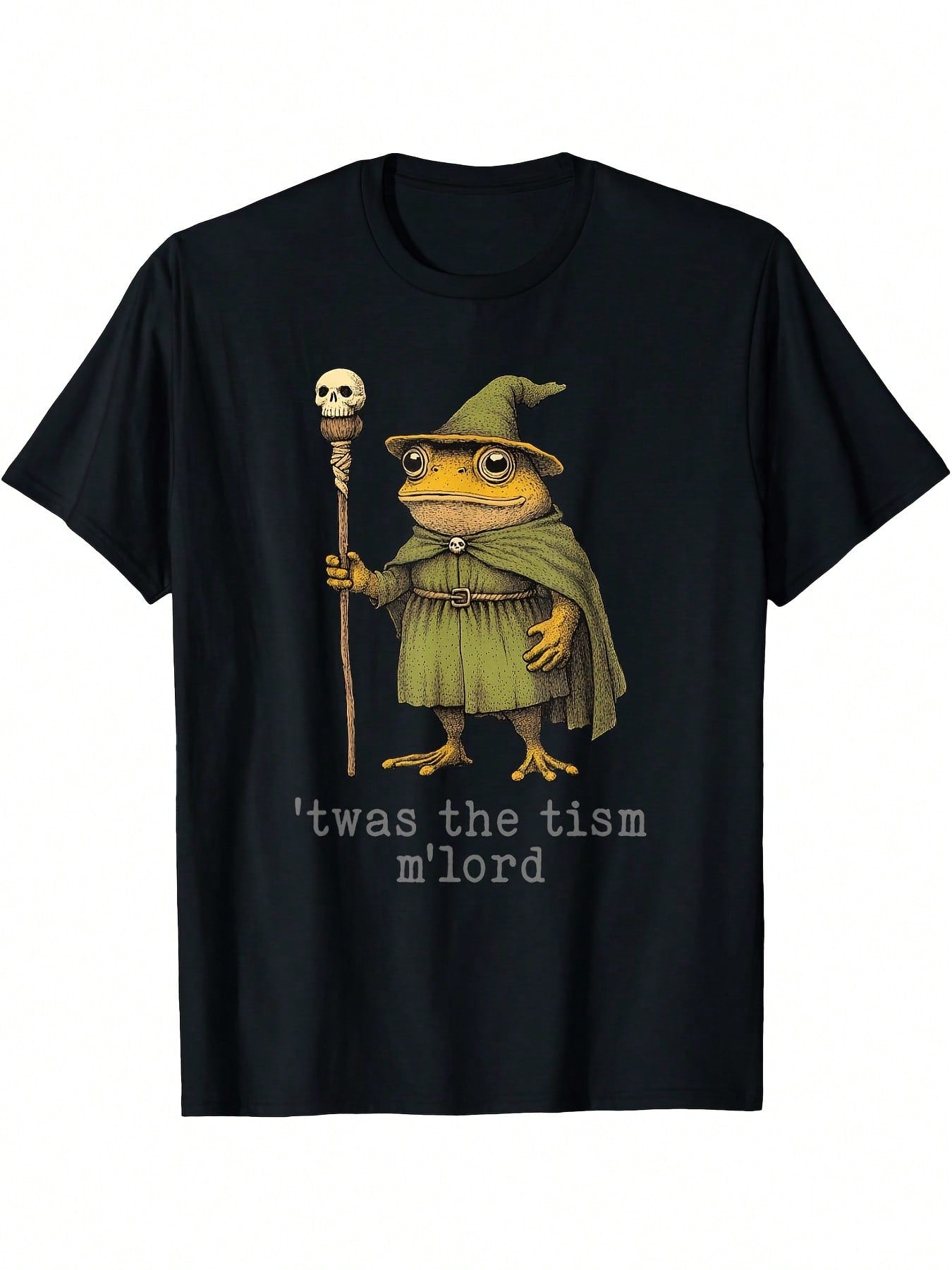 Funny Wizard Frog Witch T-Shirt - Twas The 'Tism M'Lord Medieval Fantasy Graphic Tee - Black Shirt With Wizard Frog Design - Adult Novelty Costume Party Apparel - Machine Washable Digital Print Casual Top, Humorous Clothing, Durable Print Quality