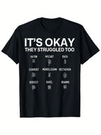 Funny Classical Music T-Shirt - It's Okay They Struggled Too Composer Tee With Bach, Mozart, Beethoven - Black Shirt With White Text - Regular Fit Adult Casual Music Lover Gift, Humorous Apparel, Round Neckline, Comfortable Fabric