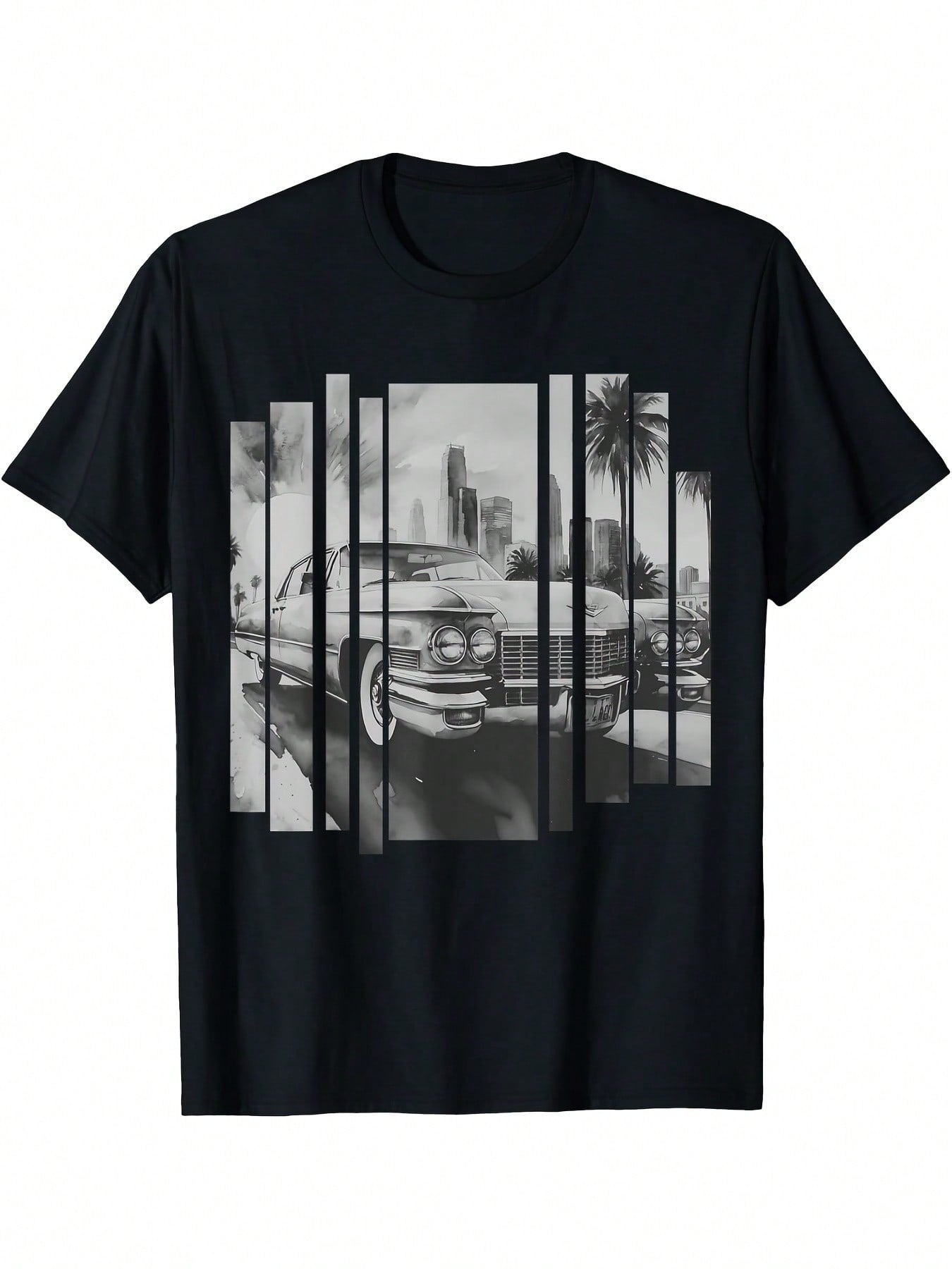 Vintage For Cadillac & Cityscape Retro Style T-Shirt - Black & White Graphic Print, Short Sleeve Crew Neck, Regular Fit Casual Tee For Adults, All-Season Comfort, Vintage T Shirts, Classic Car Design, Durable Print Quality