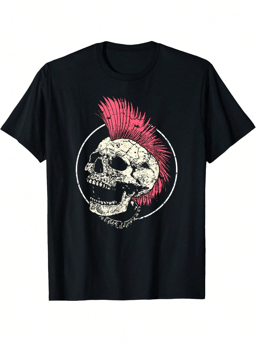 Men'S Punk Rock Graphic T-Shirt - Black With Pink Mohawk Skull Print, Casual Short Sleeve Round Neck Tee, Digital Heat Transfer Design, Regular Fit For All-Season Wear, Edgy Streetwear For Concerts & Festivals, Festival Clothing, Durable Print Quality, He