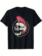 Men'S Punk Rock Graphic T-Shirt - Black With Pink Mohawk Skull Print, Casual Short Sleeve Round Neck Tee, Digital Heat Transfer Design, Regular Fit For All-Season Wear, Edgy Streetwear For Concerts & Festivals, Festival Clothing, Durable Print Quality, He