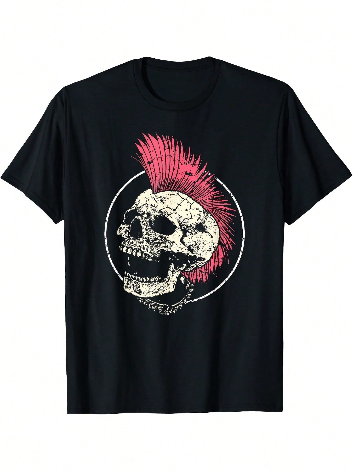 Men'S Punk Rock Graphic T-Shirt - Black With Pink Mohawk Skull Print, Casual Short Sleeve Round Neck Tee, Digital Heat Transfer Design, Regular Fit For All-Season Wear, Edgy Streetwear For Concerts & Festivals, Festival Clothing, Durable Print Quality, He
