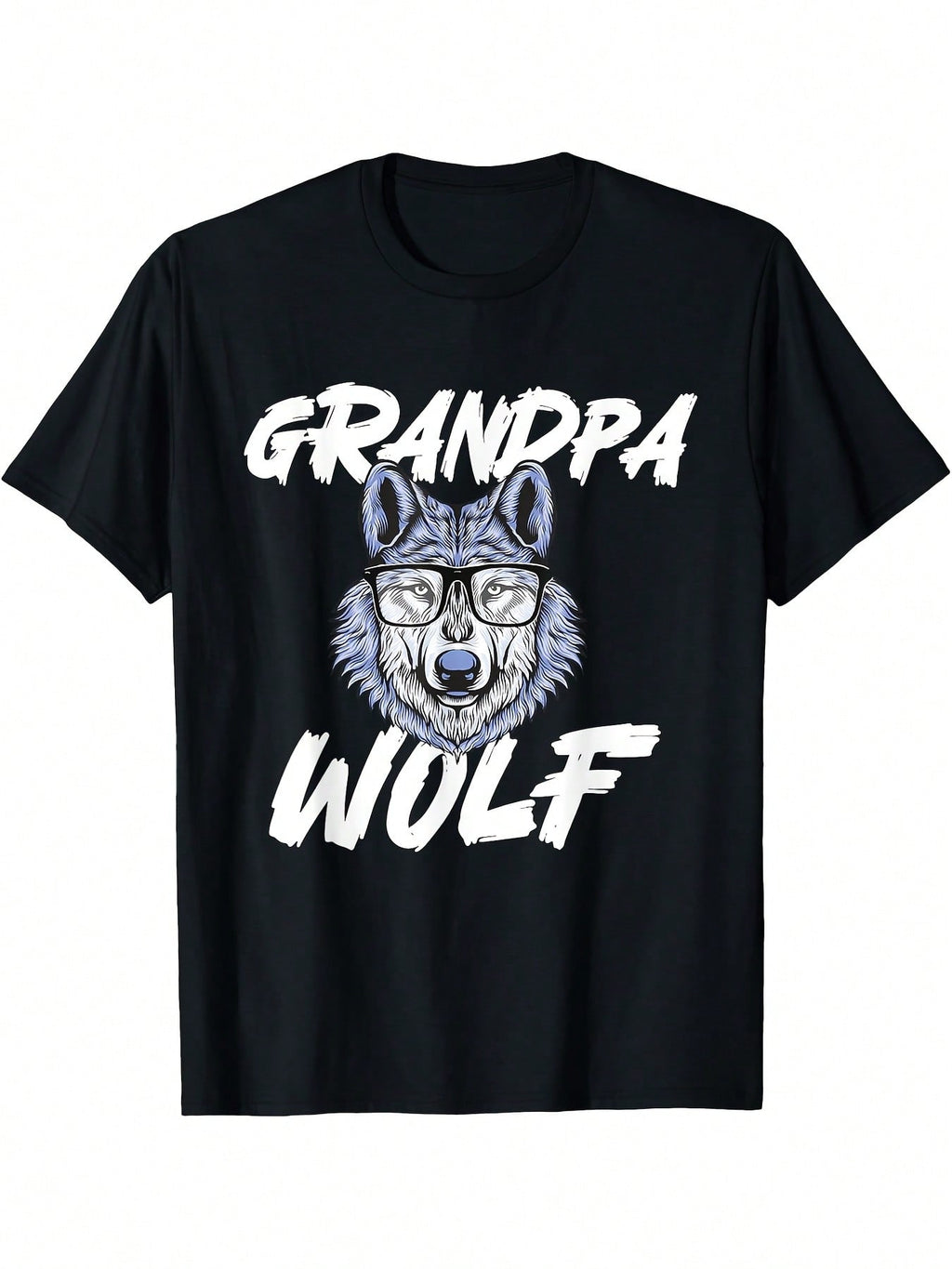 Grandpa Wolf Graphic T-Shirt - Wolf Lover Wildlife Outdoor Enthusiast Tee With Blue Wolf Head & Glasses Design, Durable Digital Print, Regular Fit Short Sleeve Round Neck Casual Shirt For Adults