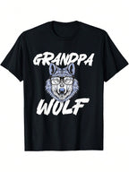 Grandpa Wolf Graphic T-Shirt - Wolf Lover Wildlife Outdoor Enthusiast Tee With Blue Wolf Head & Glasses Design, Durable Digital Print, Regular Fit Short Sleeve Round Neck Casual Shirt For Adults