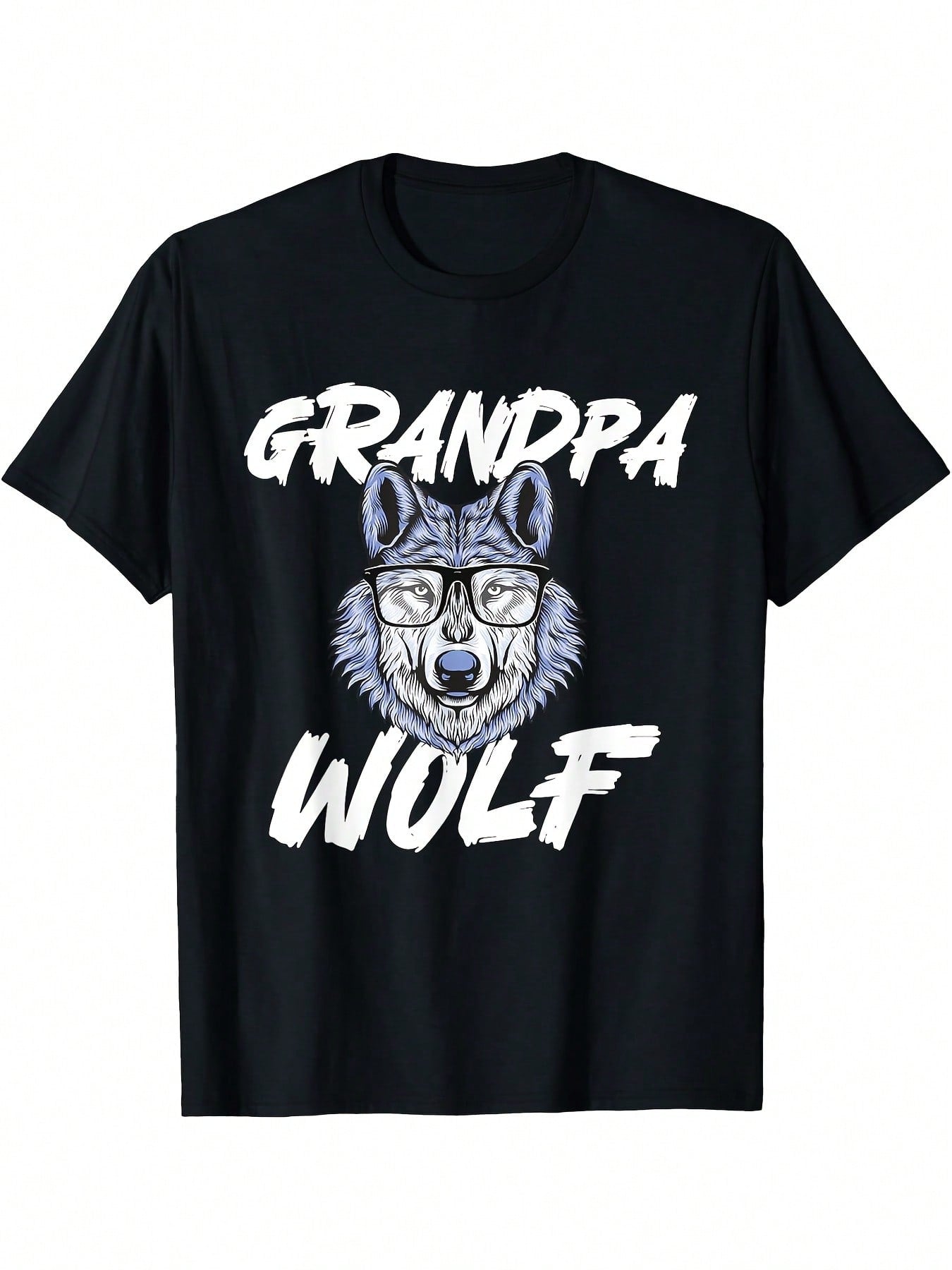 Grandpa Wolf Graphic T-Shirt - Wolf Lover Wildlife Outdoor Enthusiast Tee With Blue Wolf Head & Glasses Design, Durable Digital Print, Regular Fit Short Sleeve Round Neck Casual Shirt For Adults