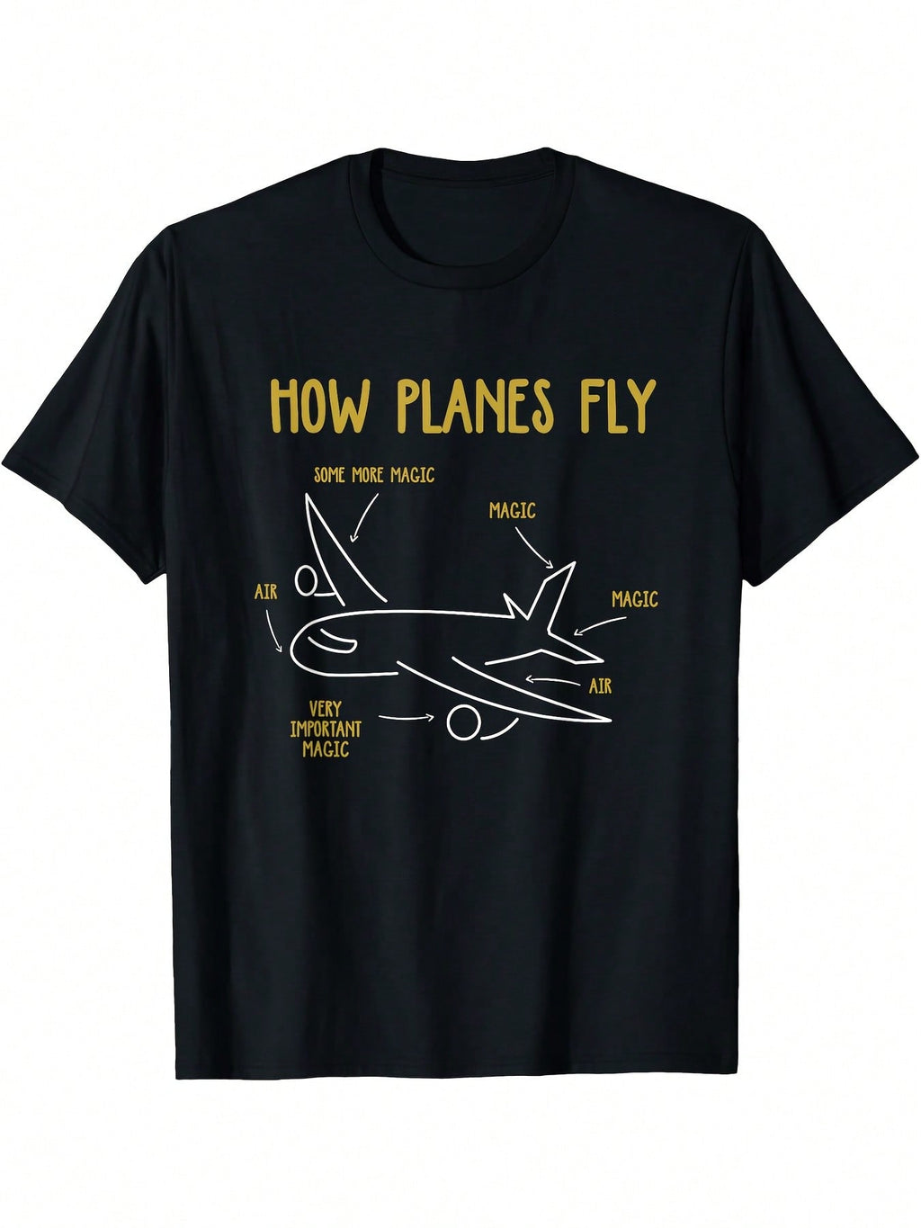 Funny Aviation Pun T-Shirt - How Planes Fly Graphic (Front Jet Engine Diagram) - Black Shirt With Yellow Text - Lightweight Tee For Aerospace Engineers, Pilots, Aviation Enthusiasts - Machine Washable Casual Casual Attire, Geeky Apparel, Educational Print