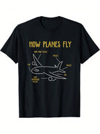 Funny Aviation Pun T-Shirt - How Planes Fly Graphic (Front Jet Engine Diagram) - Black Shirt With Yellow Text - Lightweight Tee For Aerospace Engineers, Pilots, Aviation Enthusiasts - Machine Washable Casual Casual Attire, Geeky Apparel, Educational Print