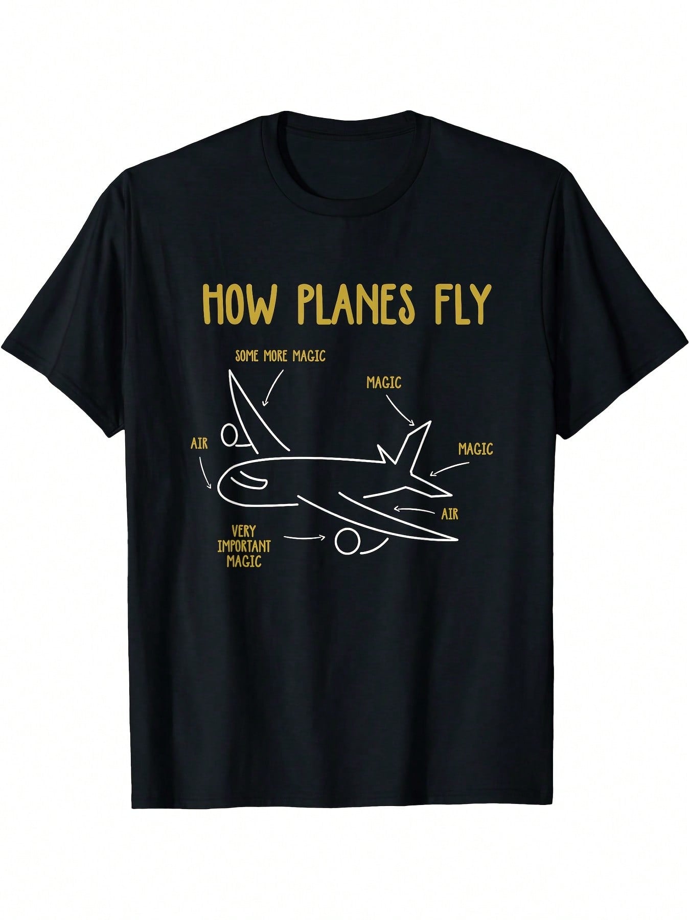 Funny Aviation Pun T-Shirt - How Planes Fly Graphic (Front Jet Engine Diagram) - Black Shirt With Yellow Text - Lightweight Tee For Aerospace Engineers, Pilots, Aviation Enthusiasts - Machine Washable Casual Casual Attire, Geeky Apparel, Educational Print