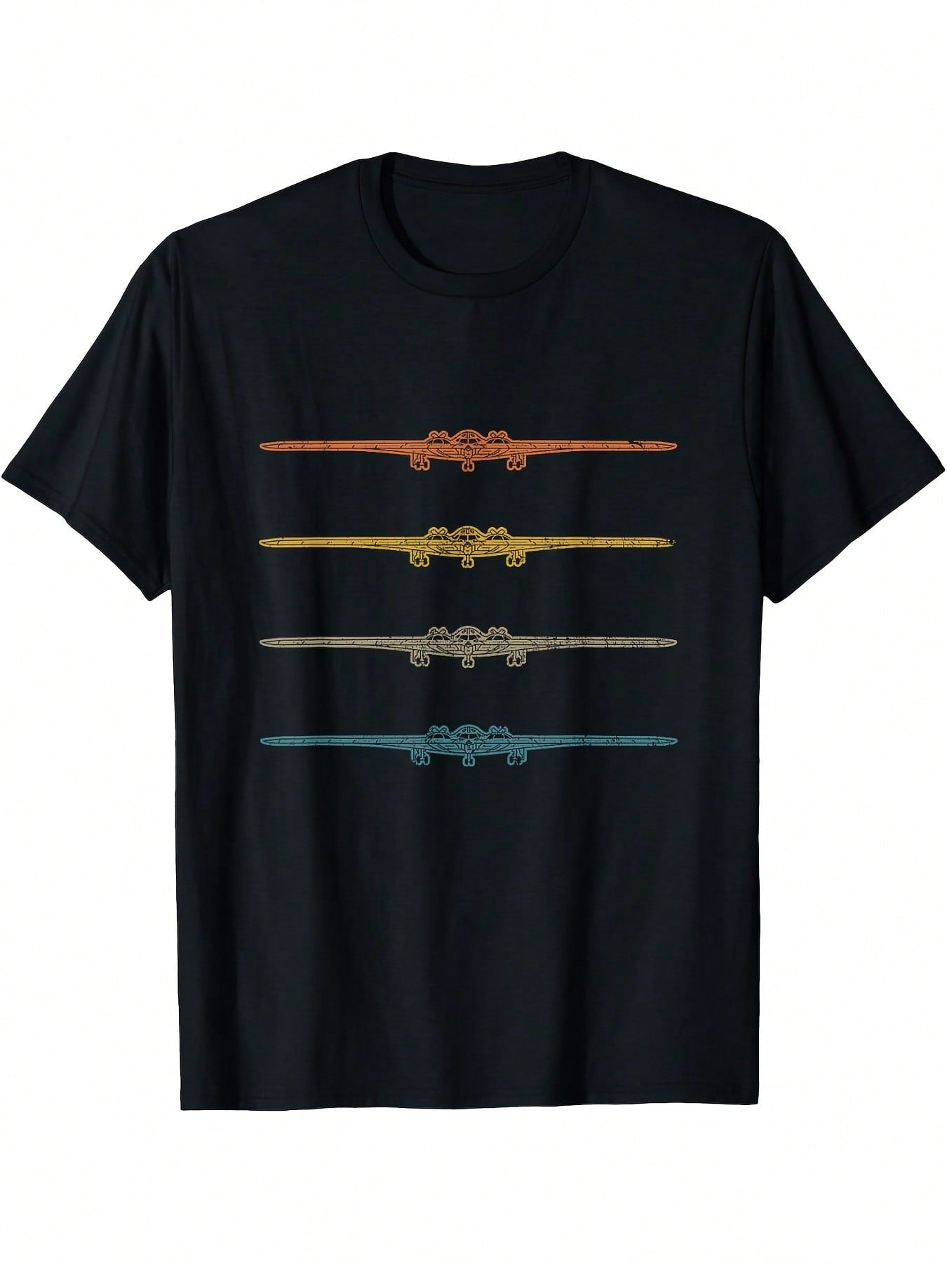 Retro B-2 Bomber Stealth Airplane Schematic Vintage B2 T-Shirt - Black With Colorful Stealth Bomber Graphic, Casual Crew Neck Short Sleeve Tee For Adults, All-Season Comfort, Casual Wear  Vintage Graphic Tee  Durable Print Shirt