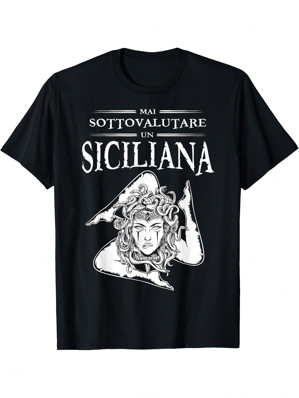 Never Underestimate A Sicilian Graphic T-Shirt - Sicilian Pride Heritage Tee With Medusa-Like Design - Bold Italian Cultural Apparel - Black Shirt For Sicilian Diaspora & Italy Enthusiasts - Adult Casual Tee