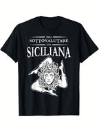 Never Underestimate A Sicilian Graphic T-Shirt - Sicilian Pride Heritage Tee With Medusa-Like Design - Bold Italian Cultural Apparel - Black Shirt For Sicilian Diaspora & Italy Enthusiasts - Adult Casual Tee