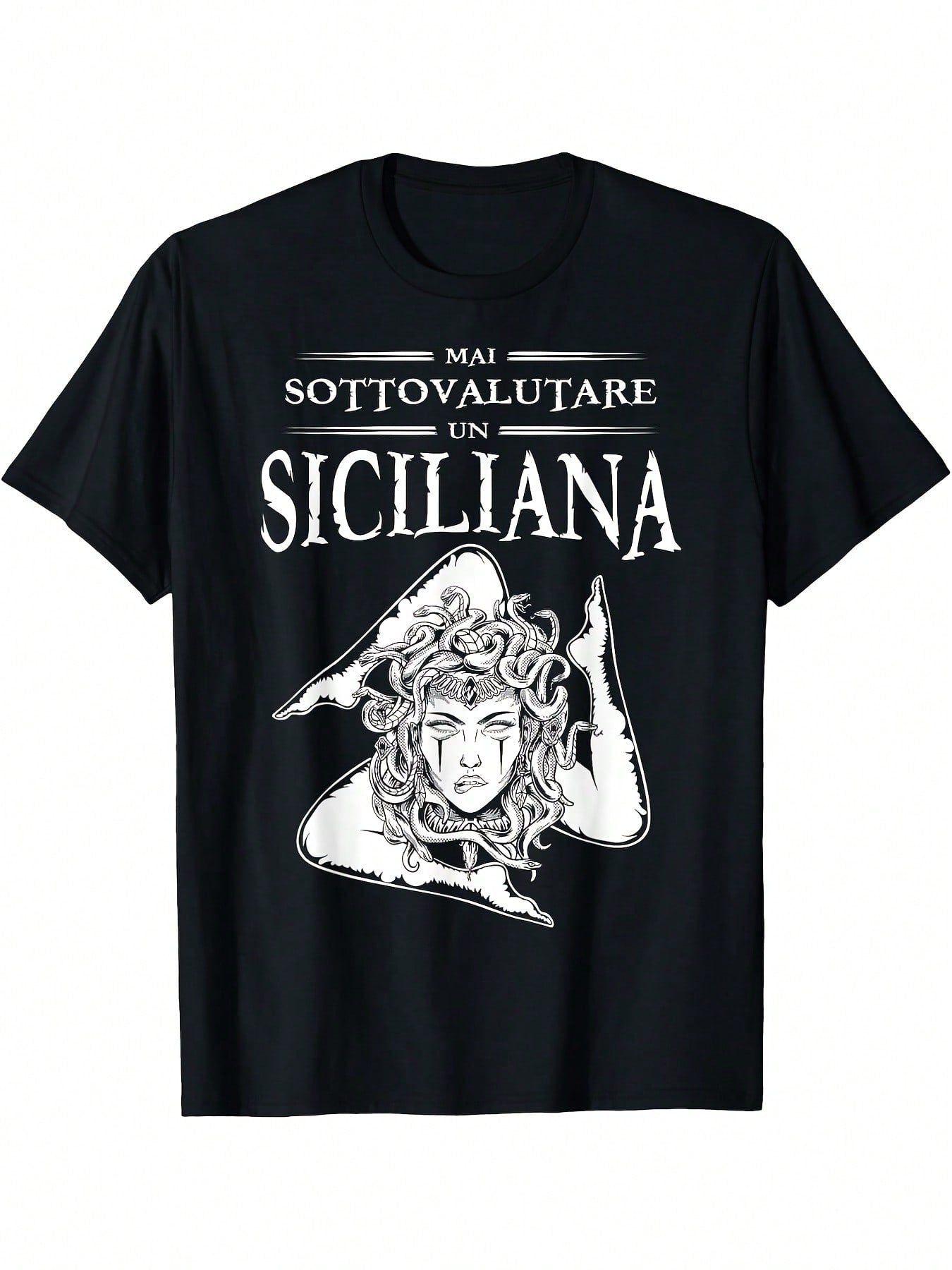 Never Underestimate A Sicilian Graphic T-Shirt - Sicilian Pride Heritage Tee With Medusa-Like Design - Bold Italian Cultural Apparel - Black Shirt For Sicilian Diaspora & Italy Enthusiasts - Adult Casual Tee