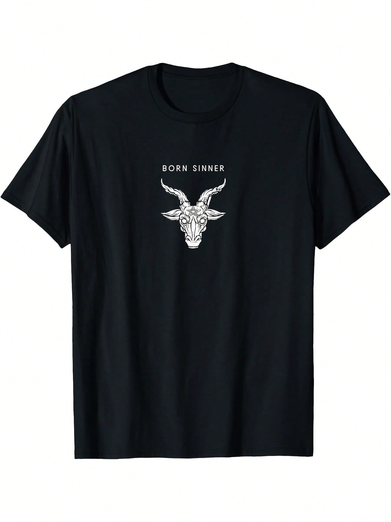 Born Sinner Baphomet Minimalist Sarcastic Pentagram Satan T-Shirt - Black Casual Short Sleeve Tee With White Graphic Print, Regular Fit Round Neck, All-Season Comfort For Adults, Casual Attire, Bold Graphic Tee, Comfortable Fit