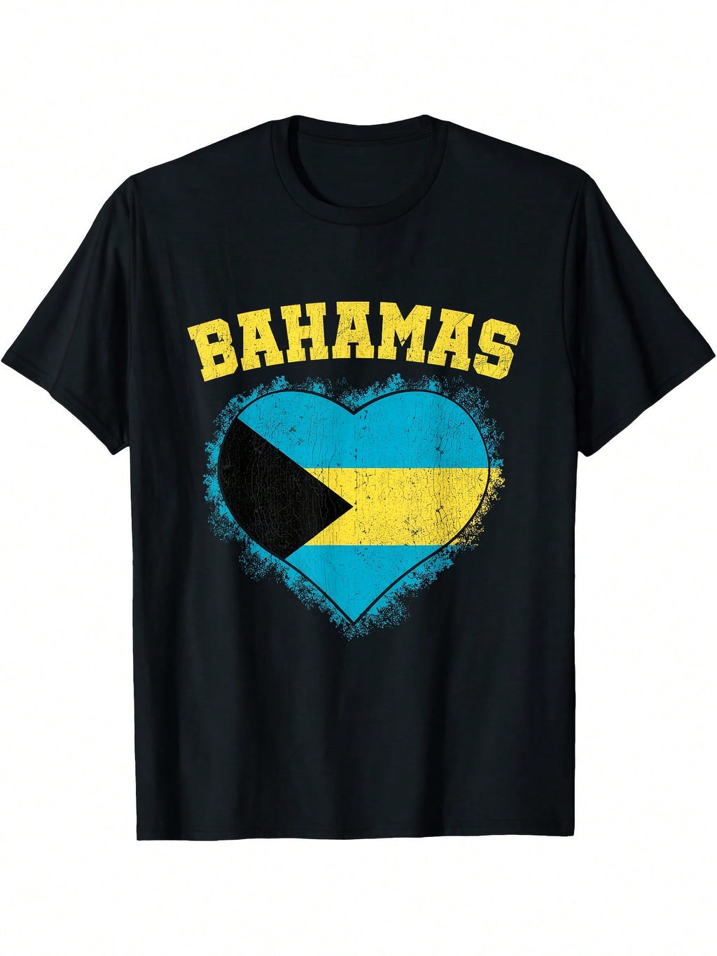 Bahamas Heart Flag T-Shirt - Yellow & Blue Patriotic Design, Casual Crew Neck Short Sleeve Tee For Adults, All-Season Comfort, Digital Heat Transfer Print, Regular Fit, Perfect For Casual Attire, Casual Wear Tee Patriotic Design Comfortable Fit, Bahamas T