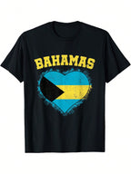 Bahamas Heart Flag T-Shirt - Yellow & Blue Patriotic Design, Casual Crew Neck Short Sleeve Tee For Adults, All-Season Comfort, Digital Heat Transfer Print, Regular Fit, Perfect For Casual Attire, Casual Wear Tee Patriotic Design Comfortable Fit, Bahamas T