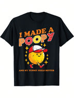 Funny Poop Meme T-Shirt - I Made A Poopy & My Tummy Feels Better - Black Shirt With Red Text & Stars - Casual Humor Graphic Tee For Adults - Machine Washable Everyday Funny Gift, Cartoon Design, Comfortable Fit