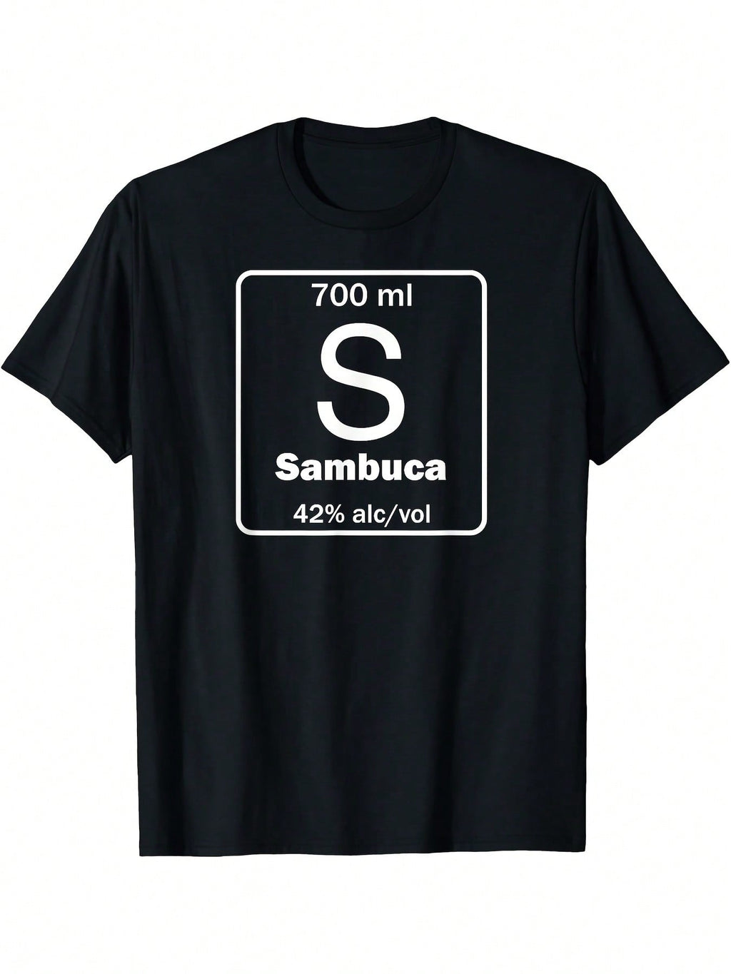 Funny Sambuca Italian Drink Graphic T-Shirt - 23.67oz Sambuca Bottle Design With Bold S Lettering, Alcohol Content, Casual Crew Neck Short Sleeve Tee For Adults, All-Season Comfort, Novelty Gift Idea, Casual Wear  Bold Graphic Tee  Durable Print Shirt