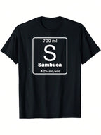 Funny Sambuca Italian Drink Graphic T-Shirt - 23.67oz Sambuca Bottle Design With Bold S Lettering, Alcohol Content, Casual Crew Neck Short Sleeve Tee For Adults, All-Season Comfort, Novelty Gift Idea, Casual Wear  Bold Graphic Tee  Durable Print Shirt