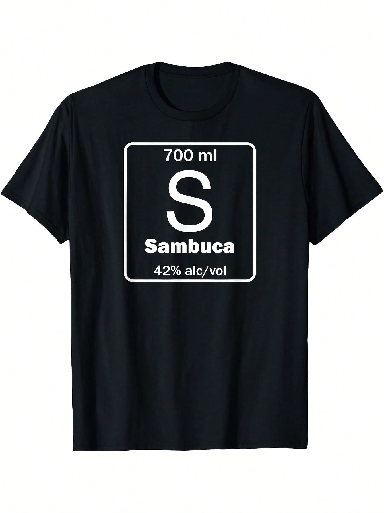Funny Sambuca Italian Drink Graphic T-Shirt - 23.67oz Sambuca Bottle Design With Bold S Lettering, Alcohol Content, Casual Crew Neck Short Sleeve Tee For Adults, All-Season Comfort, Novelty Gift Idea, Casual Wear  Bold Graphic Tee  Durable Print Shirt