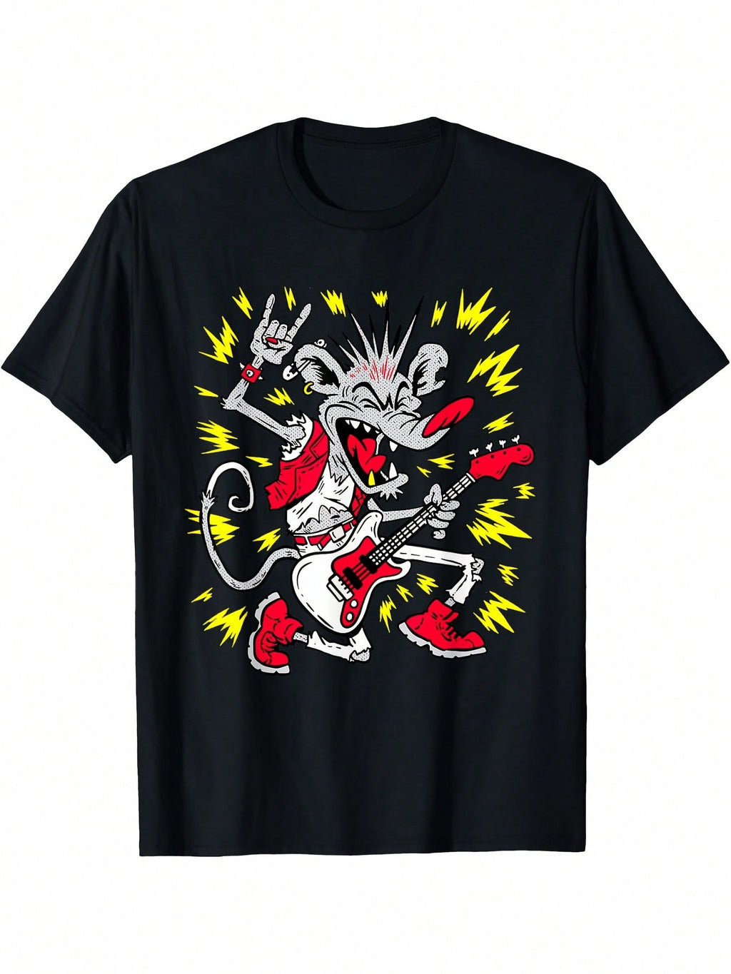 Punk Rock Rat Playing Guitar Graphic T-Shirt - Black Casual Short Sleeve Tee With Bold Yellow & White Print, Regular Fit Round Neck, Digital Heat Transfer Design For Adults, All-Season Comfort