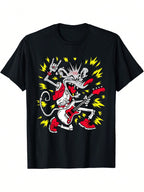 Punk Rock Rat Playing Guitar Graphic T-Shirt - Black Casual Short Sleeve Tee With Bold Yellow & White Print, Regular Fit Round Neck, Digital Heat Transfer Design For Adults, All-Season Comfort