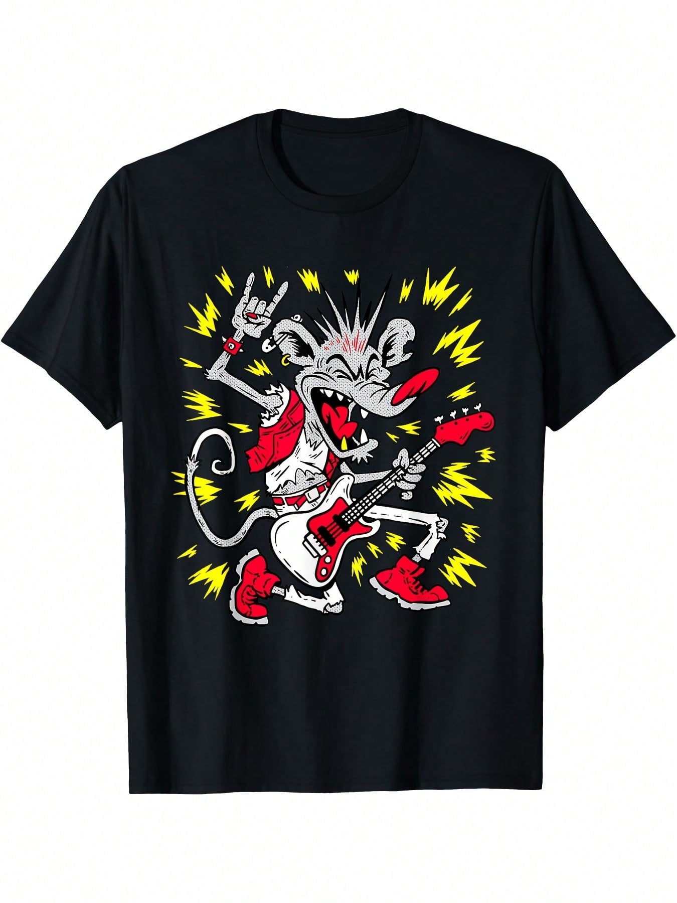 Punk Rock Rat Playing Guitar Graphic T-Shirt - Black Casual Short Sleeve Tee With Bold Yellow & White Print, Regular Fit Round Neck, Digital Heat Transfer Design For Adults, All-Season Comfort