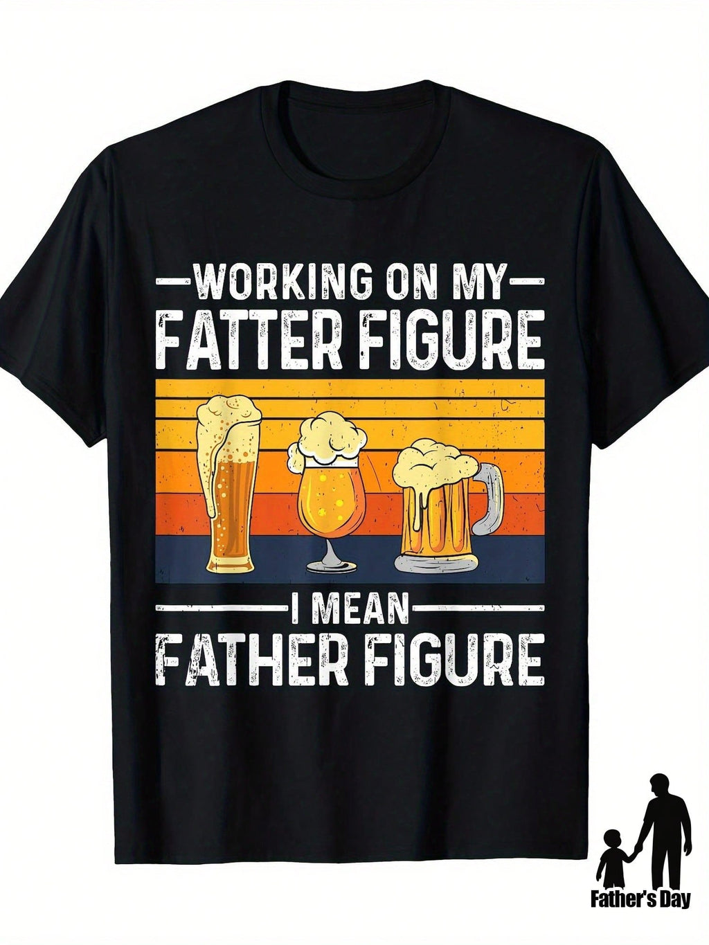 Men's Working On My Fatter Figure I Mean Father Figure Dad Jokes T-Shirt - 100% Cotton 220g Casual Short Sleeve Tee With Beer Mug Graphic & Sunset Stripes Design, Machine Washable Round Neck Top For Fathers Day Gifts, Fathers Day Gift Items, Humorous Appa