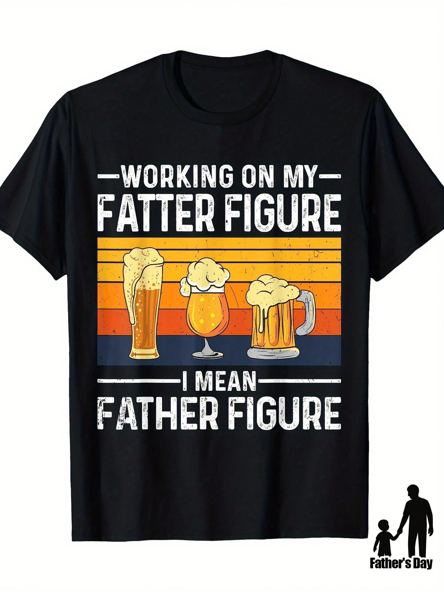 Men's Working On My Fatter Figure I Mean Father Figure Dad Jokes T-Shirt - 100% Cotton 220g Casual Short Sleeve Tee With Beer Mug Graphic & Sunset Stripes Design, Machine Washable Round Neck Top For Fathers Day Gifts, Fathers Day Gift Items, Humorous Appa