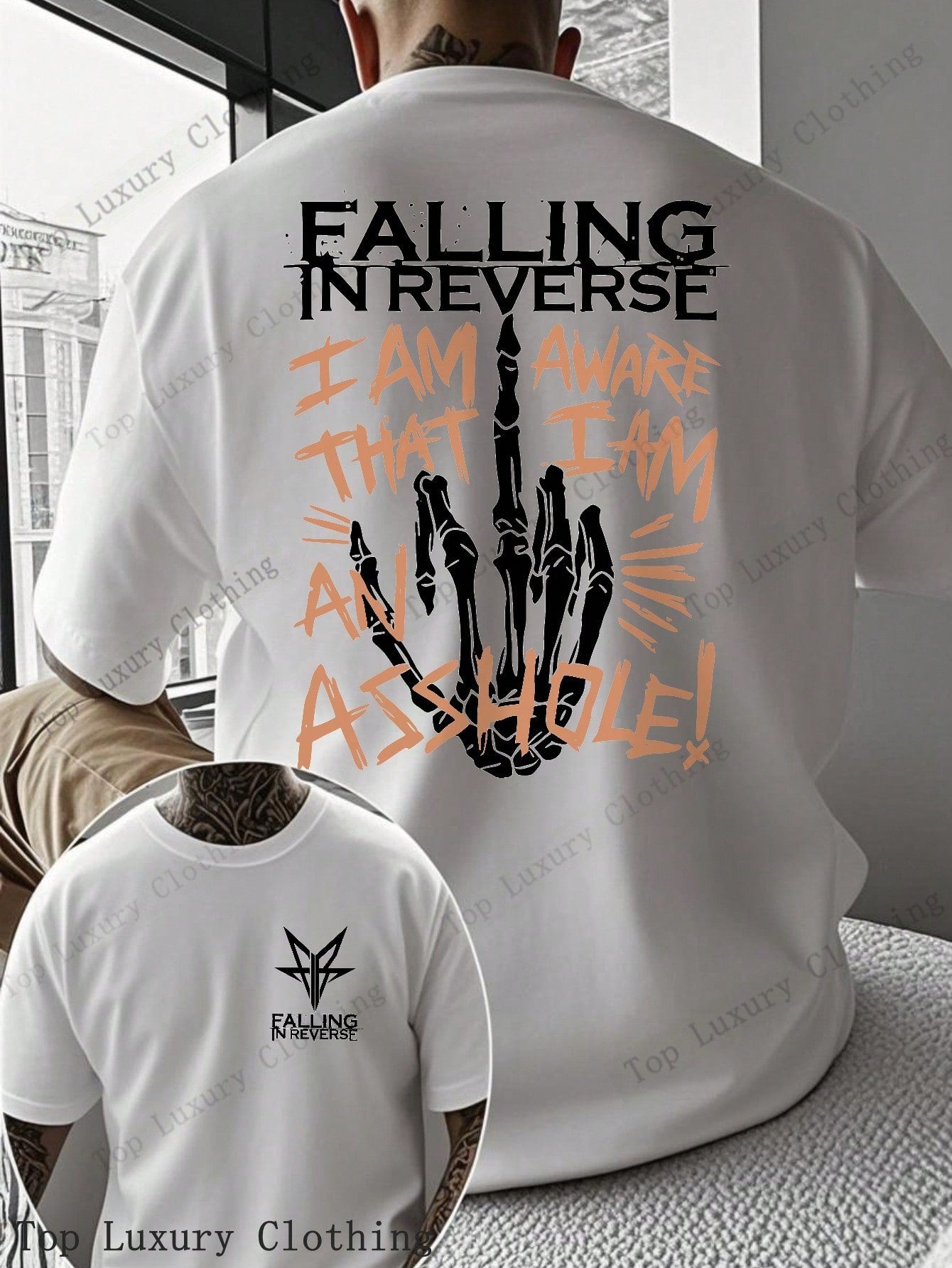 Falling In Reverse Graphic T-Shirt For Men - 100% Cotton Skeleton Hand Print, Bold And Edgy Design, Perfect For Music Festivals And Concerts,  Streetwear Style, Unique Gift IdeaFalling In Reverse Graphic T-Shirt For Men - 100% Cotton Skeleton Hand Print,1