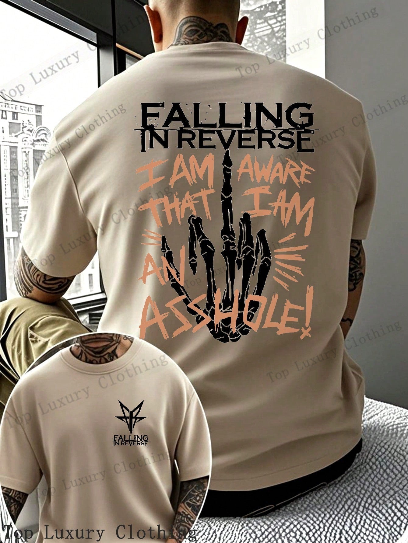 Falling In Reverse Graphic T-Shirt For Men - 100% Cotton Skeleton Hand Print, Bold And Edgy Design, Perfect For Music Festivals And Concerts,  Streetwear Style, Unique Gift IdeaFalling In Reverse Graphic T-Shirt For Men - 100% Cotton Skeleton Hand Print,1